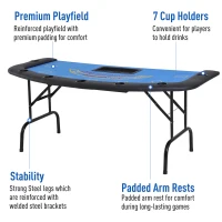 Soozier Poker Table Foldable, 72" Blackjack Table for 7 Players with Chip & Cup Holder, Blue Felt(m-4)
