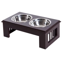 PawHut 6" Height Small Puppy Dog Feeding Station for Messy Pets, Stainless Steel Elevated Dog Bowls with Modern Wooden Frame, Dog Food Stand Pet Feeding Station, Dark Brown(m-11)