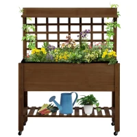 Outsunny 41" Raised Garden Bed Mobile Elevated Wooden Planter Box Stand with Wheels, Trellis and Storage Shelf, Dark Brown(m-11)