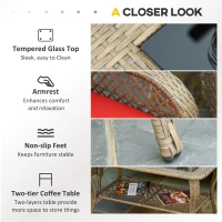 Outsunny 4-Piece Garden Furniture Garden Lawn Pool Backyard Outdoor Sofa Wicker Conversation Set w/ Weather Resistant Cushions and Tempered Glass Tabletop Khaki & Red(m-6)