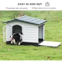 PawHut Plastic Dog House Puppy Kennel Pet Shelter with Raised Base Window Door for Large Medium Dogs Indoor & Outdoor 44"L x 33"W x 31.5"H Grey, White(m-8)