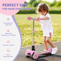 Aosom Kick Scooter for Kids, Foldable Children's Scooter with 3 Wheels, Adjustable Height, and Flashing LED for Boys and Girls, Pink(m-4)