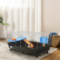 PawHut 47" Small Animal Cage, Rolling Guinea Pig Cage with Food Dish, Water Bottle, Hay Feeder, Platform, Ramp, Black(m-8)