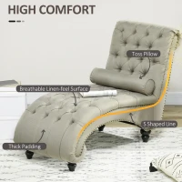 HOMCOM Button Tufted Chaise Lounge Chair Indoor Upholstered Lounge Chair with Bolster Pillow Wood Legs Nailhead Trim for Living Room Bedroom Home Office Beige(m-4)