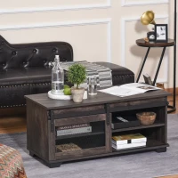 HOMCOM Farmhouse Coffee Table with Sliding Mesh Barn Door, Industrial Center Table with Adjustable Shelf for Living Room, Dark Brown(m-8)