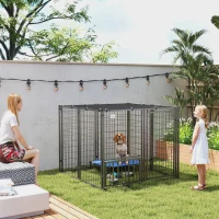 PawHut Outdoor Dog Run with Adjustable & Rotatable Dog Bowls, Sun-Shade Cover, for Small and Medium Dogs, 4.6' x 4.6' x 3.7'(m-1)