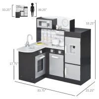 Qaba Corner Kids Kitchen Playset, Wooden Pretend Toy Kitchen Set with Drinking Fountain, Microwave, Fridge and Accessories, Pretend Play Kitchen for 3+ Years, Black(m-3)
