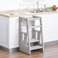 Qaba Toddler Tower with Adjustable Height, Toddler Kitchen Stool Helper with Anti-slip Mat, Step Stool for Kitchen, Bathroom, Gray(m-10)