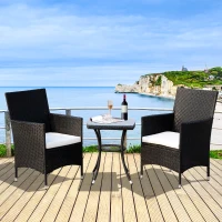 Outsunny 3 Piece Rattan Bistro Table Chairs Set Outdoor Cushioned - Black(m-9)