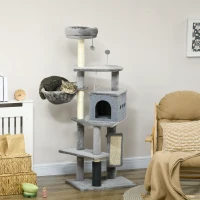 PawHut 59" Cat Tree with Scratching Posts, Self Groomer, Scratching Pad, Large Cat Tower for Indoor Cats with Hammock, Bed, House, Toys, Grey(m-8)