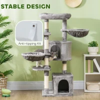 PawHut 52.5" Cat Tree Tower with Scratching Posts, Cat Condos, Bed, Platforms, Hammocks, for Indoor Cats, Grey(m-7)