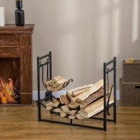 Outsunny 2-Tier Firewood Log Rack with 4 Tools 33" Fireplace Wood Holder Storage Log Rack with Shovel, Broom, Poker, Tongs and Hooks(m-1)