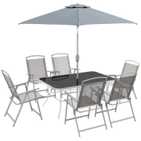 Outsunny 8 Piece Outdoor Dining Set, Patio Furniture Set with Umbrella, 6 Folding Chairs, Rectangle Table and Mesh Seat, Gray(m-11)
