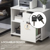 Vinsetto Lateral Filing Cabinet with Wheels, Locking File Cabinet, Mobile Printer Stand with Open Shelves and Drawers for A4 Size Documents, White(m-6)