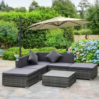 Outsunny 6 Piece Patio Furniture Set, All Weather Outdoor Rattan Sectional Sofa Couch with Chaise Lounge Sides, Coffee Table & Chairs, Conversation Set with Pillows & Cushions, Gray(m-10)