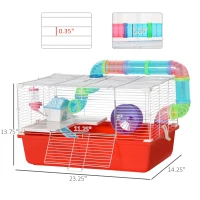 PawHut Large Hamster Cage with Tubes and Tunnels, 2-Level Steel Rat Cage, Small Animal House, Includes Exercise Wheel, Hut, Water Bottle, Food Dish, 23" x 14" x 14", Red(m-3)