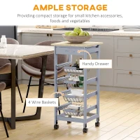 HOMCOM Mobile Kitchen Cart, Rolling Kitchen Island with Storage, Solid Wood Frame Utility Cart with Wire Fruit Baskets and Drawer, Gray(m-4)
