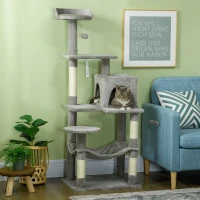 PawHut Tall Cat Tree for Indoor Cats, 56" Multi-Level Cat Tower with Hammock, Cat Bed, Cat Condo with Sisal Scratching Posts, Grey(m-10)