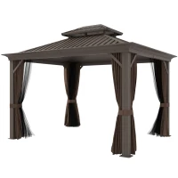 Outsunny 10' x 12' Outdoor Hardtop Gazebo with Galvanized Canopy & Netting Sidewalls for Lawn, Backyard, Dark Brown(m-11)