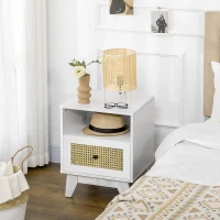 HOMCOM Bedside Table with Rattan Element, Side End Table with Drawer and Shelf, 17.7"x15.4"x22.2", White(m-8)