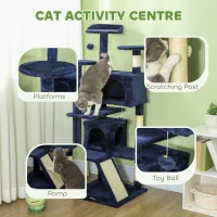 PawHut 54" Cat Tree, Multi-Level Cat Tower with Scratching Posts, Cat Condos, Bed, Platforms, Ramp, Toy Ball, Dark Blue(m-4)