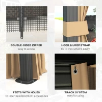 Outsunny 10' x 12' Hardtop Gazebo, Sun Shelter with Double Tier Metal Roof, Mosquito Netting, and Hanging Hook, Dark Brown(m-6)