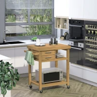 HOMCOM Bamboo Kitchen Island Cart on Wheels, Utility Trolley Cart with 2 Storage Drawers and Open Shelves, Bamboo Tone(m-10)