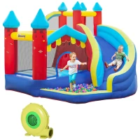 Outsunny 4 in 1 Inflatable Bounce House with Slide, Climbing Wall, and Pool or Ball Pit, Jumping Castle, Four Fun Activities, Water Bounce House for Kids(m-1)