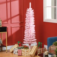 HOMCOM 6' Prelit Christmas Trees, Pencil Artificial Christmas Tree with Colorful Surface Branches, Colorful LED Lights, Pink(m-10)