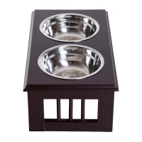 PawHut 6" Height Small Puppy Dog Feeding Station for Messy Pets, Stainless Steel Elevated Dog Bowls with Modern Wooden Frame, Dog Food Stand Pet Feeding Station, Dark Brown(m-7)