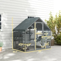 PawHut Wooden Catio Outdoor Cat Enclosure with Waterproof Cover, 2 Condos, 4 Platforms, Bridge, Doors, Gray(m-3)