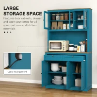 HOMCOM 71" Pantry Cabinet with Microwave Space, Buffet with Hutch, 2 Drawers, Adjustable Shelves and Glass Doors, Navy Blue(m-4)