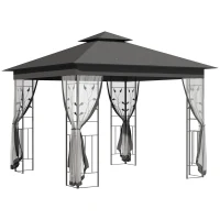 Outsunny 10'x10' Soft-top Steel Patio Gazebo Outdoor Sun Shelter with 2-Tier Polyester Roof, Curtain Sidewalls, Grey(m-11)