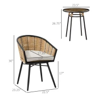Outsunny 3 Piece Patio Set, Outdoor Bistro Furniture, PE Rattan Wicker Table and Chairs, Cushioned, Barrel Style, Cream White(m-3)