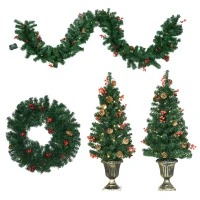 HOMCOM Prelit Holiday Christmas 4-Piece Set, Garland Wreath and Set of 2 Entrance Trees with Warm White LED Lights, Red Berries, Pine Cones, Green(m-11)