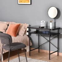 HOMCOM Modern Glasstop Vanity Table with Mirror,  Makeup Dressing Table with Rotating Round Mirror, Shelves for Perfumes, Cosmetics, Lotions, Black(m-2)