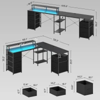 HOMCOM 66" Reversible L Shaped Computer Desk, Corner Desk with File Drawer, Power Outlets and LED Lights, Distressed Black(m-3)