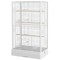 PawHut 39" Bird Cage for Budgie Finches Canaries Love Birds with Wooden Stands, Slide-Out Tray, Handles, Food Containers, White(m-2)