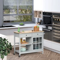 HOMCOM Rolling Kitchen Island with Storage, Kitchen Cart with Solid Wood Top, Glass Door Cabinet, Adjustable Shelf, Towel Rack, 2 Drawers for Dining Room, Gray(m-4)