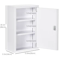 kleankin Lockable Medicine Cabinet, 3 Tier Steel Medical Wall Box with 2 Keys and Shelves for Bathroom, White(m-3)