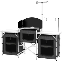 Outsunny Aluminum Camping Kitchen, Portable Folding Camping Table with Fabric Cupboards, Windshield, Bag for BBQ, Picnic, Black(m-1)