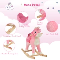 Qaba Kids Rocking Horse, Ride on Unicorn with Wooden Base, Tail Wag & Sounds for Toddlers 3-6 Years Old, Pink(m-4)