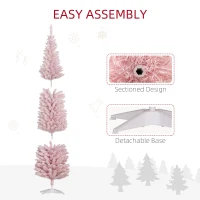 HOMCOM 7ft Pencil Christmas Tree, Slim Artificial Christmas Tree with Snow Flocked Branches and Warm White LED Lights, Pink(m-7)