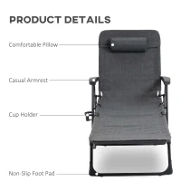 Outsunny Outdoor Folding Lounge Chaise Chair, Pool Chair with Adjustable Backrest, Pillow and Cup Holder for Poolside, Deck, Lawn, Gray(m-4)