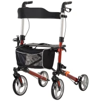 HOMCOM Lightweight Folding Rolling Walker with Large Seat, Back, Adjustable Handle, Bag, Dual Brake, Cane Holder, Red(m-2)