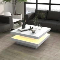 HOMCOM Square Coffee Table with 7 LED Lights and Remote, 2-Tier Modern Center Table for Living Room, White(m-8)