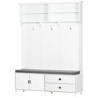 HOMCOM Hall Tree with Storage Bench, Entryway Bench with Coat Rack, Accent Coat Tree with Storage Shelves, Cabinet and Drawers for Hallway, Mudroom, White(m-11)
