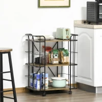 HOMCOM Bar Cart, Industrial Kitchen Cart with Wheels , Rolling Utility 3 Storage Shelves for Dining Room, Laundry Room, and Bathroom, Light Brown Wood Grain(m-7)