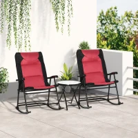 Outsunny 3 Piece Outdoor Patio Furniture Set with Glass Coffee Table & 2 Folding Padded Rocking Chairs, Bistro Style for Porch, Camping, Balcony, Red(m-10)