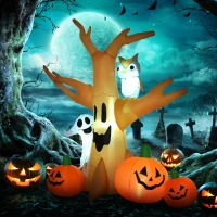 HOMCOM 7.5' Tall Lighted Halloween Inflatables Outdoor Decorations Haunted Tree With Owl, Ghost, Pumpkins, Blow Up LED Yard Decor for Garden, Lawn, Party, Holiday, Waterproof(m-10)